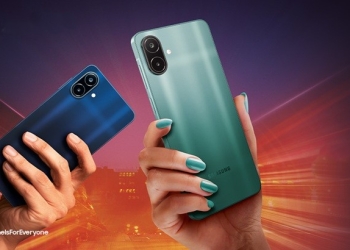 Samsung Galaxy A08 in Dark Blue and Green showing the dual rear camera