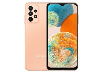 Samsung Galaxy A23 5G in peach, front and rear view, now out of software support