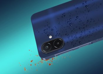 Samsung Galaxy F08 in Dark Blue rear panel covered in water droplets and dust
