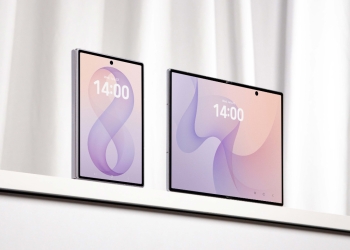 Two lavender Samsung Galaxy Z Fold8 phones, one folded and one unfolded, on a white shelf