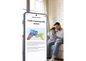 Samsung Parental Controls Child Account setup screen on a Galaxy phone, with a father and son on a sofa