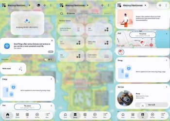 Redesigned SmartThings Android app showing the Home, Devices and Life tabs