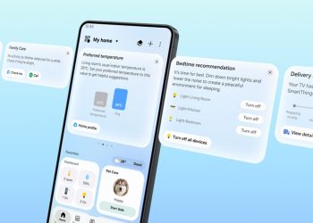 SmartThings Now cards in the Samsung SmartThings app showing temperature, bedtime and delivery suggestions