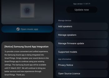 Screenshot of the Samsung Sound app shutdown notice telling users the service ends in March 2027