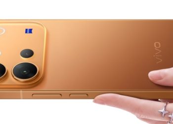 vivo V80 in orange gold, rear view showing the Zeiss triple camera module