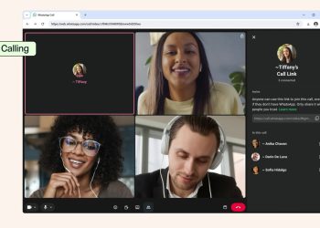 WhatsApp guest calling in a computer browser, with a four-person video grid and a call-link invite panel