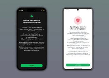 WhatsApp login block screen asking users to update their phone software, shown on an iPhone and an Android phone
