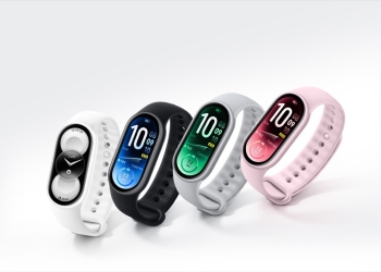 Four Xiaomi Smart Band 11 units in white ceramic, black, silver and pink