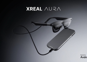 XREAL AURA Android XR glasses connected by USB-C cable to their compute puck