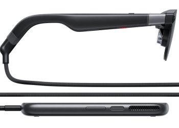 XREAL Aura Android XR glasses shown in profile beside the separate compute puck