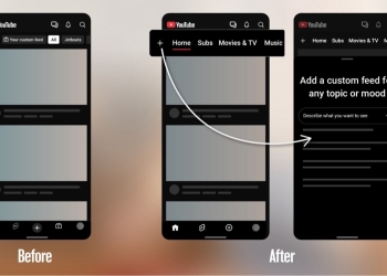 YouTube app before and after: Subscriptions moves from the bottom bar to the Home top bar as Subs